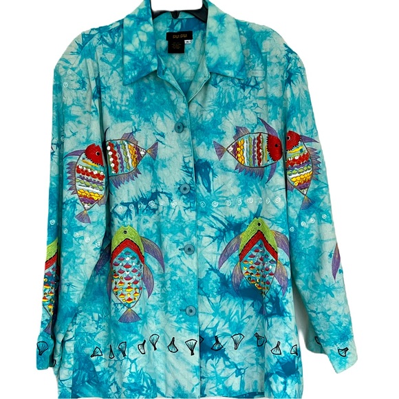 Bala Bala Jackets & Blazers - Silk XL Jacket Blazer Blue Tie Dye Fish Embellished Bala Bala Artsy Unique